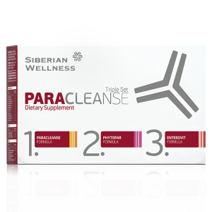 Paracleanse triple set Siberian Wellness antiparazit preparat - Bela kutija sa bordo delovima. Na njoj piše paracleanse.