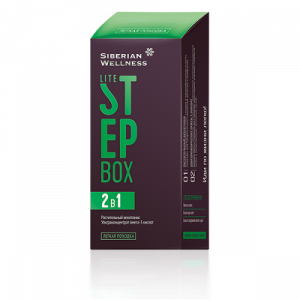 Step box Siberian Wellness Braon kutija sa zelenim poklopcem i slovima i piše Step box